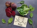 Betaine (TMG, trimethylglycine). Chemical formula of betaine with spinach and beets as natural sources of betaine Royalty Free Stock Photo