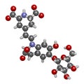 Betanin or beetrood red plant pigment molecule. 3D rendering. Atoms are represented as spheres with conventional color coding: