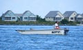 Bethany Beach, Delaware, U.S.A - September 2, 2019 - Angler on the boat fishing for flounder near Indian River Inlet in the summer