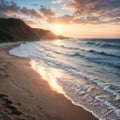 Bethells beach in the afternoon sun, sea breeze in the air, black sand beach, long flat waves, side view of the beach.