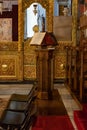 The Holy Book reading stand in the interior of the main hall of the Church of Nativity in Bethlehem in the Palestinian Authority,