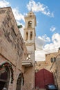 The inner courtyard and the bell tower of the St. Marys Syriac Orthodox Church in Bethlehem in the Palestinian Authority, Israel Royalty Free Stock Photo