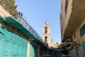 View from the street to the bell tower of the Church of Nativity in the city of Bethlehem in the Palestinian Authority, Israel