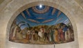 Bethphage, Israel, January 30, 2020: Fresco at Betfage on the Mount of Olives showing the entry of Jesus to Jerusalem