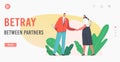 Betray between Partners Landing Page Template. Masked Characters Shaking Hand and Smile to Each Other while Hiding Knife
