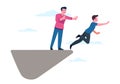 Betrayal or competition at work. Man throwing another off cliff. Guy pushing colleague down mountain. Dishonesty rival Royalty Free Stock Photo