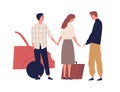 Betrayed husband saying goodbye wife going to another man vector flat illustration. Female with suitcase leave unhappy