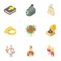 Betrothal icons set, isometric style