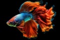 Betta fish. Colorful Siamese tropical fish with beautiful silk tail on black background. Generative AI