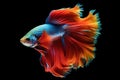 Betta fish. Colorful Siamese tropical fish with beautiful silk tail on black background. Generative AI