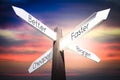 Better, faster, cheaper, bigger concept - signpost with four arrows Royalty Free Stock Photo