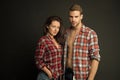 Better together. Couple grey background. Couple in love. Sensual couple in casual wear. Couple of sexy woman and