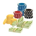 Betting gambling concept. Poker chips, golden coins with dollar sign
