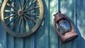 Betty lamp and spinning wheel in the background of the old log-house wall with sign nomber one. Rural retro still life. Royalty Free Stock Photo