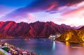 Beuatiful view of Hatta Lake and Hajar Mountain in the Emirate of Dubai. Royalty Free Stock Photo