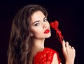 Beuaty Makeup. Beuatiful girl with red lips and Valentine heart