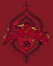 Beutiful vector illustation with peony, mendi style deoration and symbol `om`