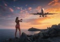 Beutiful woman makes photo of landing aircraft Royalty Free Stock Photo