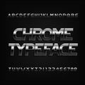 Beveled chrome alphabet font. Metal color oblique letters and numbers.