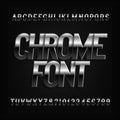 Beveled chrome alphabet font. Metal effect oblique letters and numbers.