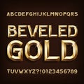 Beveled Gold alphabet font. 3d gold letters and numbers. Royalty Free Stock Photo