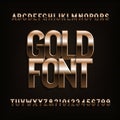 Beveled gold alphabet font. Golden color letters, numbers and symbols. Royalty Free Stock Photo