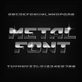 Beveled metal alphabet font. Chrome effect shiny letters and numbers.