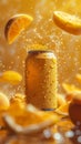 Beverage advertising campaign. Citrus-flavored drink. Condensation-covered can with orange slices and splash against a Royalty Free Stock Photo