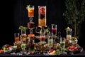 beverage art display with stacked glasses, different kinds of drinks, and garnishes
