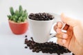 Beverage background hand of woman hold cup with coffee bean and Royalty Free Stock Photo