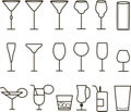 Beverage, cocktail, drinks vector, thin black line symbol icon. Juice, water, beer, wine, cognac emblems, alcohol cocktails