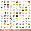 100 beverage firm icons set, flat style