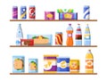 Beverage food on shelves. Fast food snacks biscuits and water standing on showcase vector merchandising concept flat