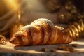 morning background food table bakery delicious breakfast croissant bokeh drink cup background. Generative AI.