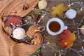 Beverage, hot drink in a mug, leaves, foliage, garland, candles, top view of wooden table, good weather concept, outdoor tea party Royalty Free Stock Photo