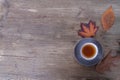 Beverage, hot drink in a mug, leaves, foliage, garland, candles, top view of wooden table, good weather concept, outdoor tea party Royalty Free Stock Photo