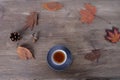 Beverage, hot drink in a mug, leaves, foliage, garland, candles, top view of wooden table, good weather concept, outdoor tea party Royalty Free Stock Photo