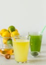 Beverage made from fresh lemons, lime, spinach and matcha Royalty Free Stock Photo