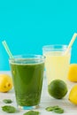 Beverage made from fresh lemons, lime, spinach and matcha Royalty Free Stock Photo