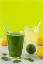 Beverage made from fresh lemons, lime, spinach and matcha Royalty Free Stock Photo