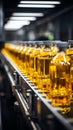 Beverage production line filling glass bottles with refreshing apple and pineapple juice