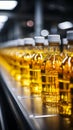 Beverage production line filling glass bottles with refreshing apple and pineapple juice Royalty Free Stock Photo