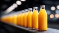 Beverage production line showcasing vibrant orange juice bottles in a chaotic Royalty Free Stock Photo