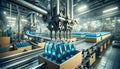 Beverage production line where clear blue plastic bottles are labeled.