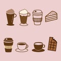 Beverage set, breakfast icon style. Royalty Free Stock Photo