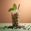 a beverage topped with chocolate liquid and mint leaves