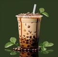 a beverage topped with chocolate liquid and mint leaves