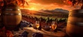 beverage wine barrel grape glass winery drink bottle sunset alcohol. Generative AI. Royalty Free Stock Photo