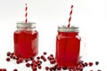 Beverages rich in antioxidants, healthy diet and natural drinks conceptual idea with glass jar with cranberry juice and raw