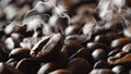 Bevergae background of a roasted coffee bean on background of coffee beans with aromatic smoke Royalty Free Stock Photo